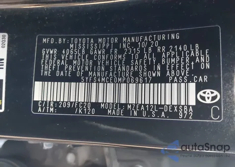 2021 Toyota Corolla Se из США, поврежденный, VIN 5YFS4MCE0MP069617